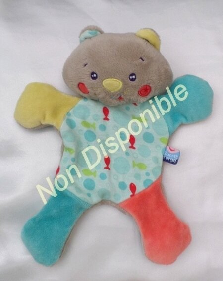 Doudou Peluche Plat Chat Gris Bleu Poissons Rouge Vert Sucre D'Orge