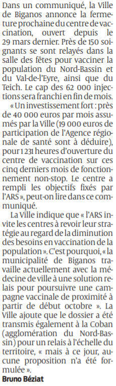 2021 09 16 SO Biganos le centre de vaccination va fermer ses portes2