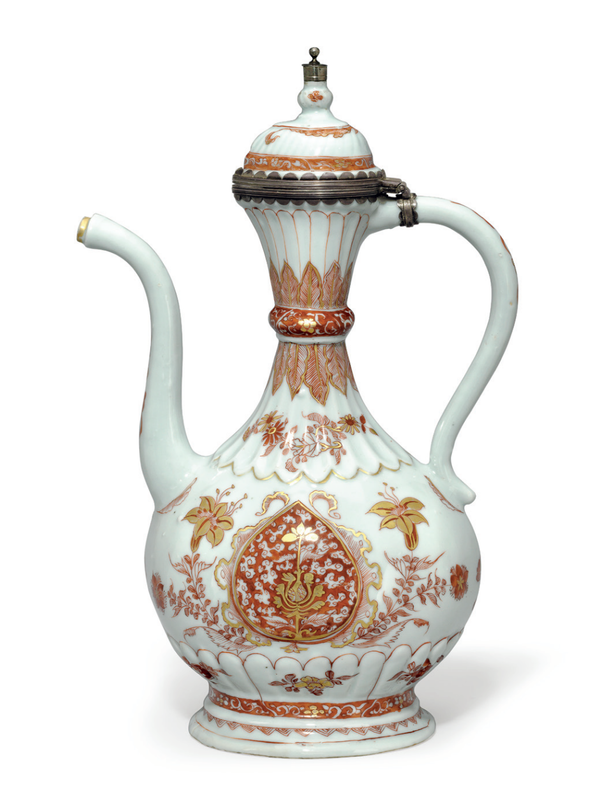 A rare iron-red and gilt ewer and hinged cover, Kangxi period (1662-1722)