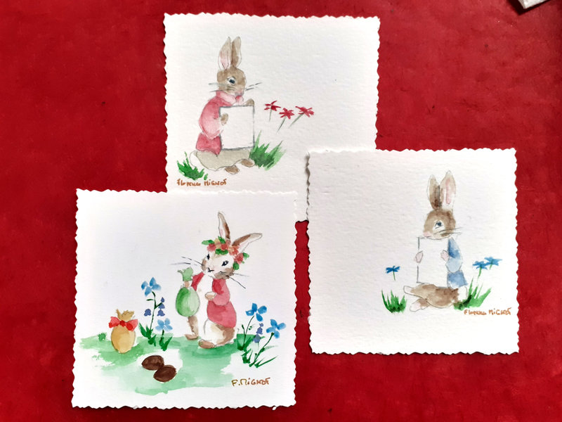 aqua originaux lot 3 cartes lapins et fleurs