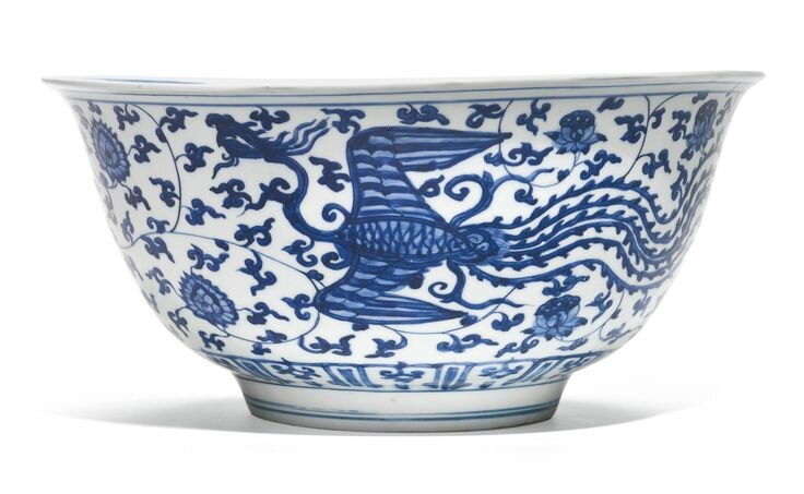 A large blue and white ‘Phoenix’ bowl, Jiajing mark and period