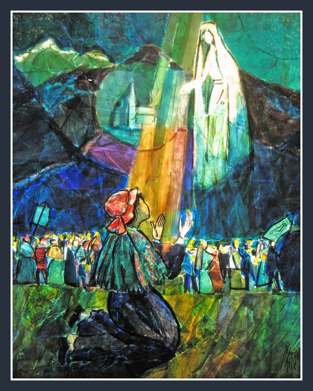 Lourdes, Basilique Saint Pie X, gemmail d'une des 18 apparitions