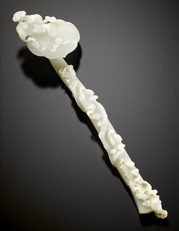 A white jade 'Crane and lingzhi' ruyi sceptre, Qing dynasty, 18th-19th century