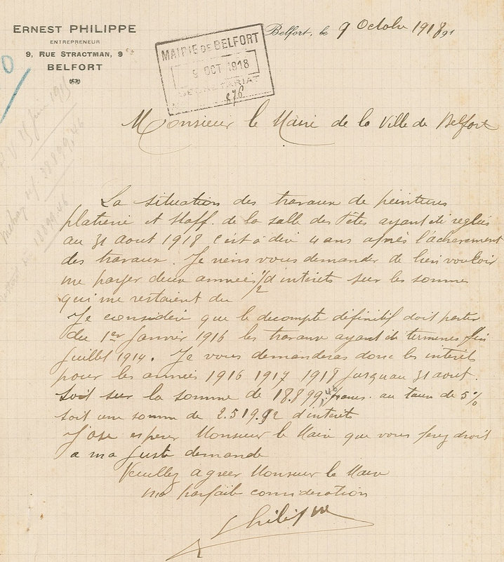 1918 10 09 Salle des Fêtes Courrier Philippe à Maire