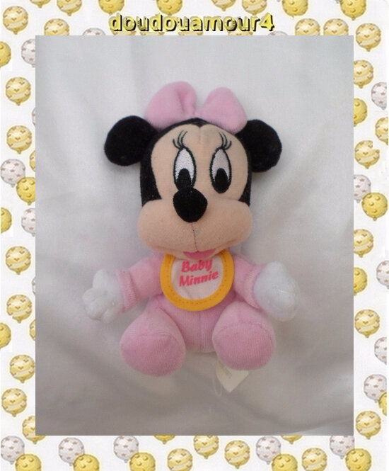 Doudou Peluche Baby Minnie Rose Assis Bavoir Blanc Jaune Grelot Disney 12 cm