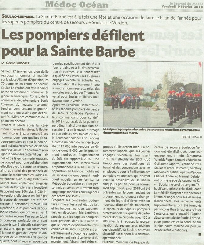 2018 02 09 JDM Soulac sur Mer Les pompiers défilent pour la Sainte-Barbe