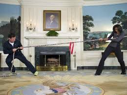 Fallon and Obama doing a tug of war in the wqhite house