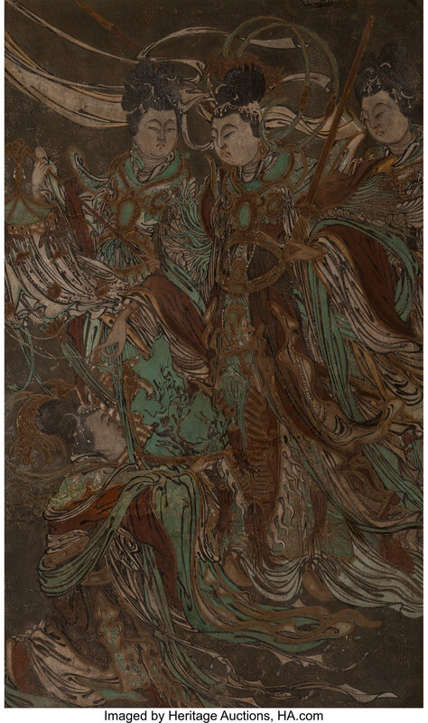 An Important Chinese Polychrome Stucco Fresco Panel Depicting Celestial Deities and Attendants, Yuan Dynasty