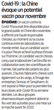 2020 09 16 SO La Chine évoque un potentiel vaccin