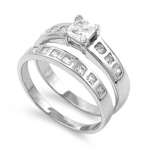 Bethels 5CT Princess Bezel Set Sidestones CZ Wedding Ring Set - R22626