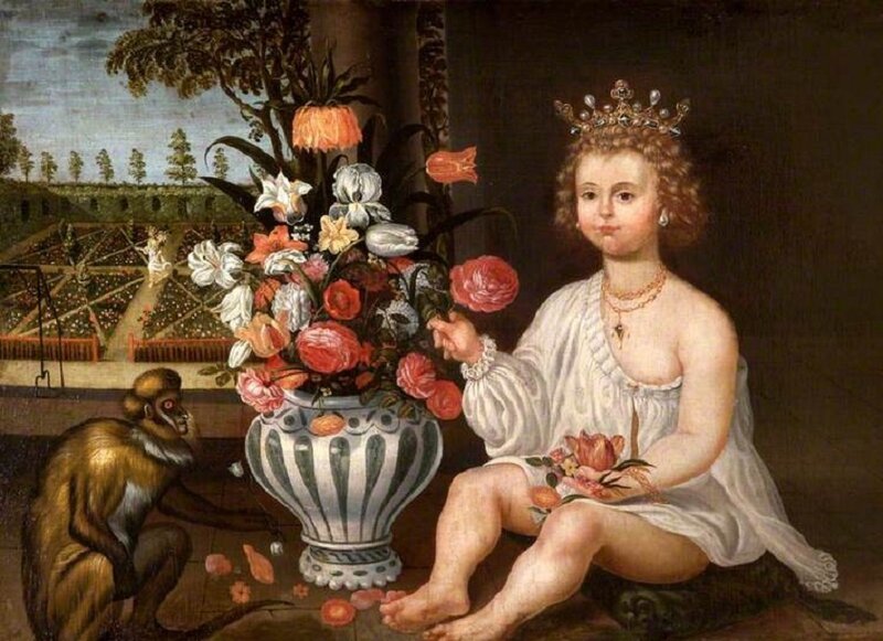 1600s_Unknown_Spanish_artist__A_Royal_Child_Seated_by_a_Vase_of_Flowers__a_Monkey_with_a_Garden_beyond_and_the_Figure_of_Pomona_Walking_in_It
