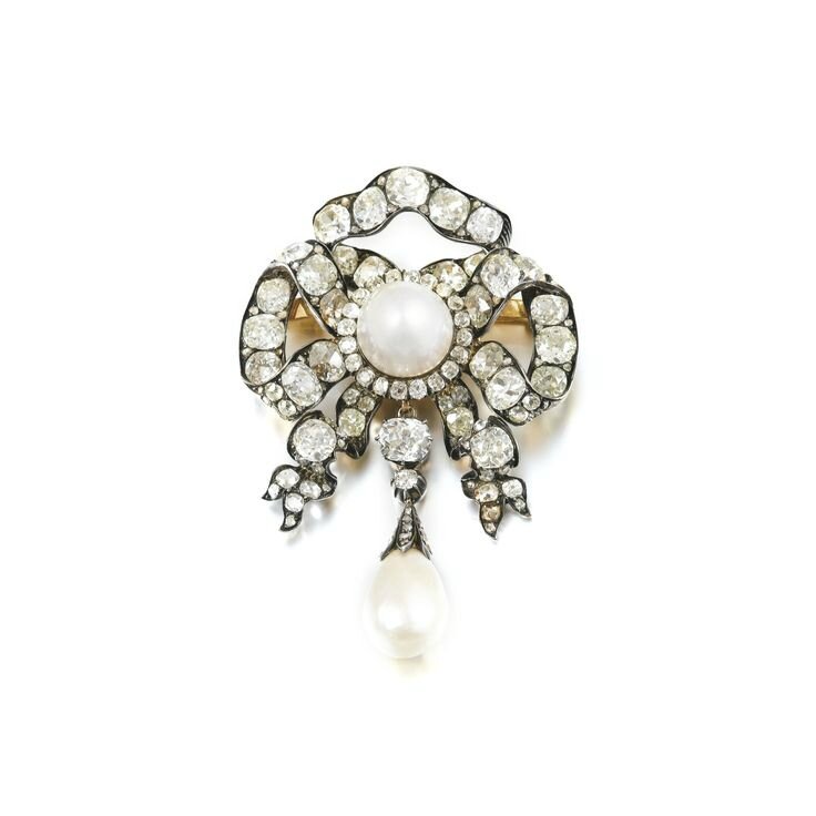 Natural pearl and diamond brooch, late 19th century