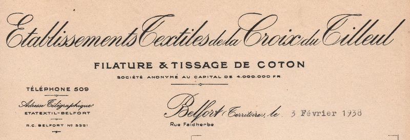 Courrier Etablissements Textiles Croix Tilleul 1938R