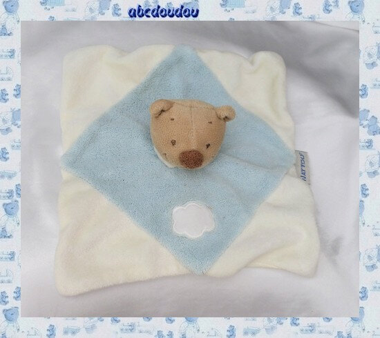 Doudou Peluche Plat Ours Beige Carré Blanc Bleu Nuage Nattou