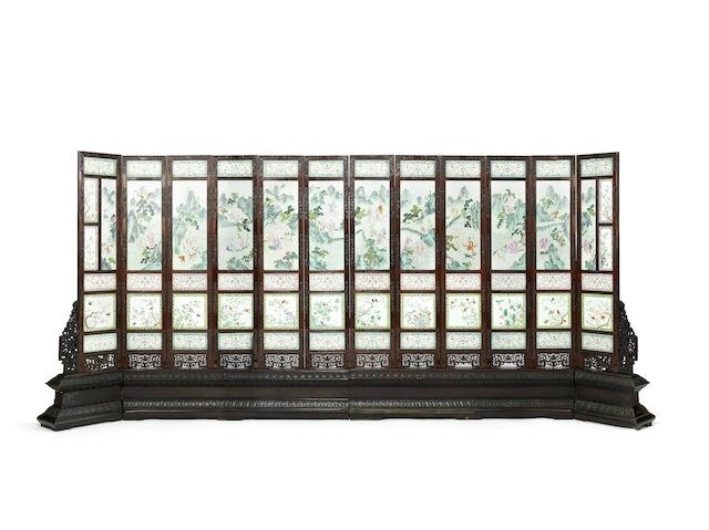 An Imperial very rare famille rose and huanghuali twelve-leaf screen, Jiaqing