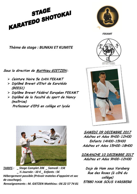 Stage karate shotokai Ham sous va rsberg 9 et 10 décembre 2017