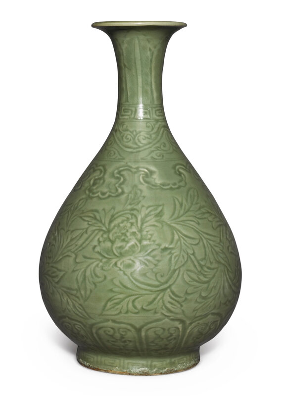 A finely carved 'Longquan' celadon-glazed 'peony' bottle vase, yuhuchunping, Ming dynasty, Hongwu period (1368-1398)