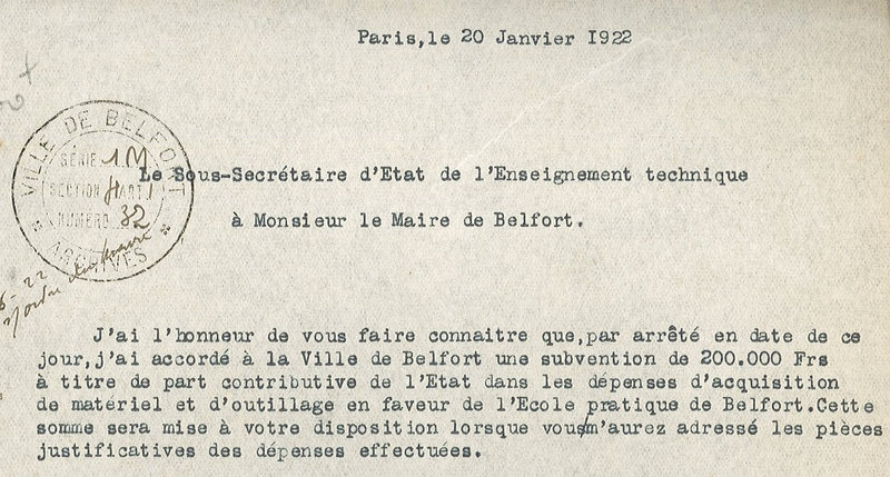 1922 01 20 Courrier Sous-secrétaire d'Etat à Maire R