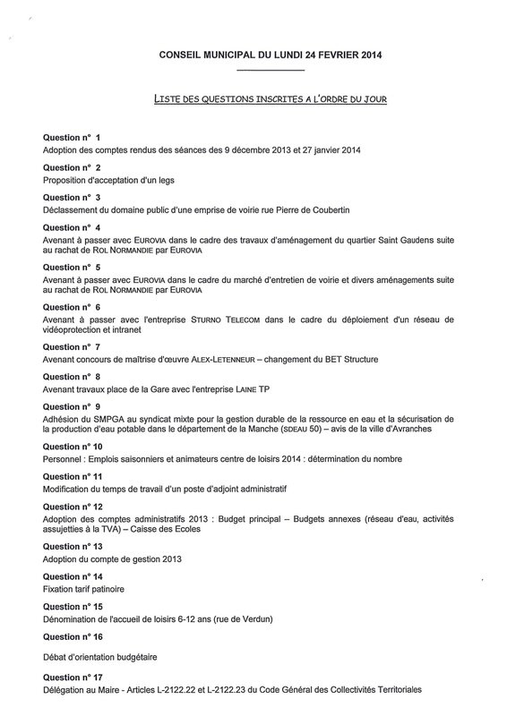 ordre du jour conseil municipal 24 février 2014 Avranches