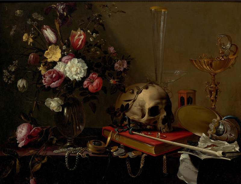 Adriaen van Utrecht (Antwerp 1599-1653), Vanitas still life with a bouquet and a skull
