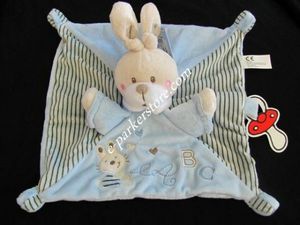 doudou-lapin-plat-bleu-abc-attache-sucette-raye-marron-nicotoy-kiabi-neuf-