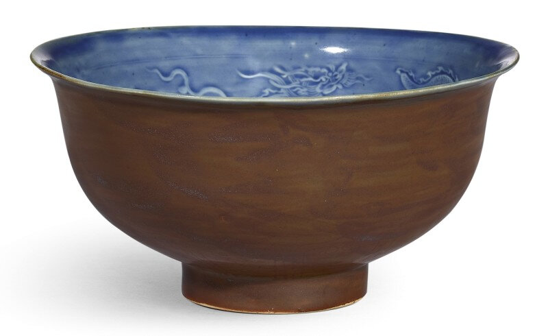A Fine and Extremely Rare Imperial Blue and Brown Glazed 'Dragon' Bowl, Ming Dynasty, Hongwu Period (1368-1398)