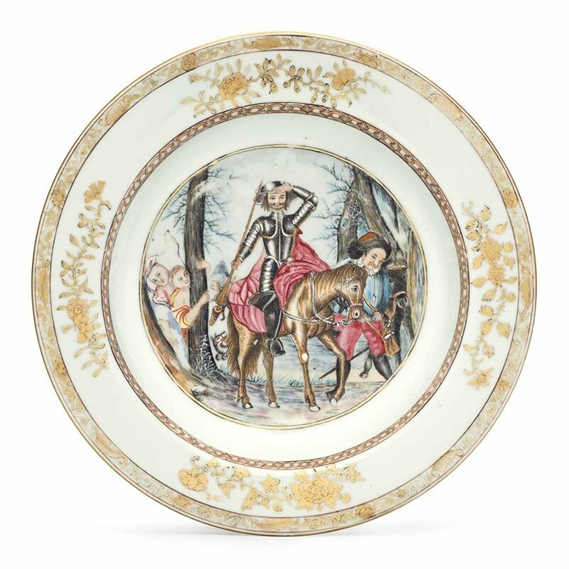 A rare famille rose ‘Don Quixote’ soup plate, circa 1740