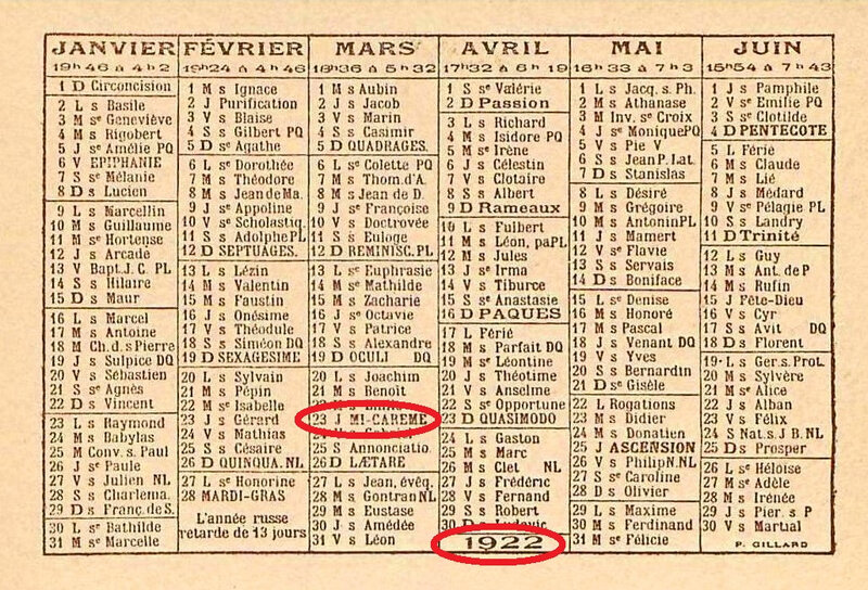 Calendrier 1922 BF R Mi carême