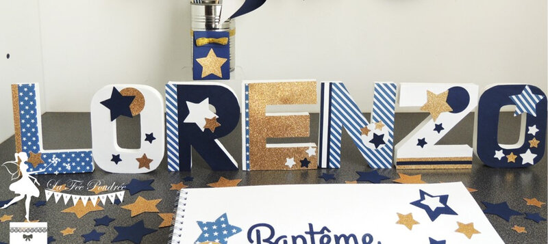 lettres prénom décorées bleu marine doré blanc thème étoile