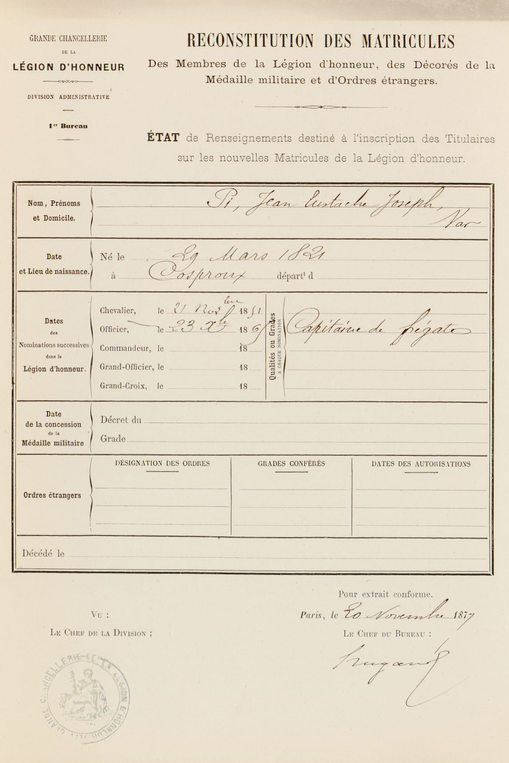 La reconstitution des matricules de PI Jacques, le 20-11-1879, Archives Nationales, Série LH, Dossier 2142/67