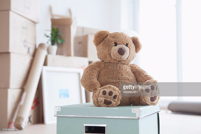 teddy-bear-sitting-on-box-in-front-of-piled-cardboard-boxes-picture-id578189381