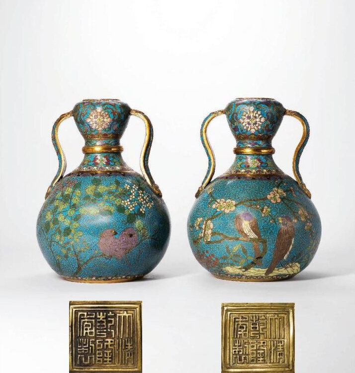 A rare pair of cloisonné enamel double-gourd vases, Qianlong cast six-character seal marks within double-squares and of the period (1736-1795)