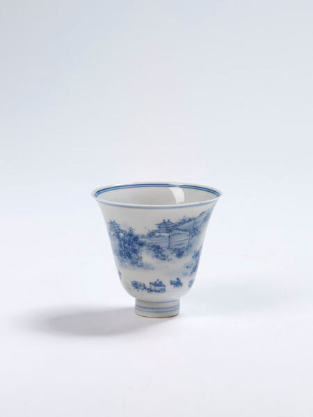 Cup, porcelain painted in underglaze blue with scene of travellers approaching a city; China (Jingdezhen), Qing dynasty, mark and period of Kangxi, 1710-1722