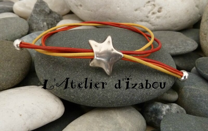 P1160549 Bracelet artisanal réglable étoile filante cuir rouge orange et jaune