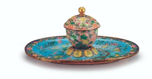 Gilt copper cup and saucer with painted enamel rendering of the happiness and longevity motif, Qing dynasty, Yongzheng mark and period, National Palace Museum, Taipei © The Collection of National Palace Museum
