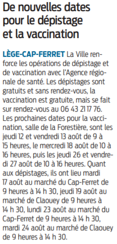 2021 08 12 SO Lège cap ferret De nouvelles dates pour le dépistage et la vaccination