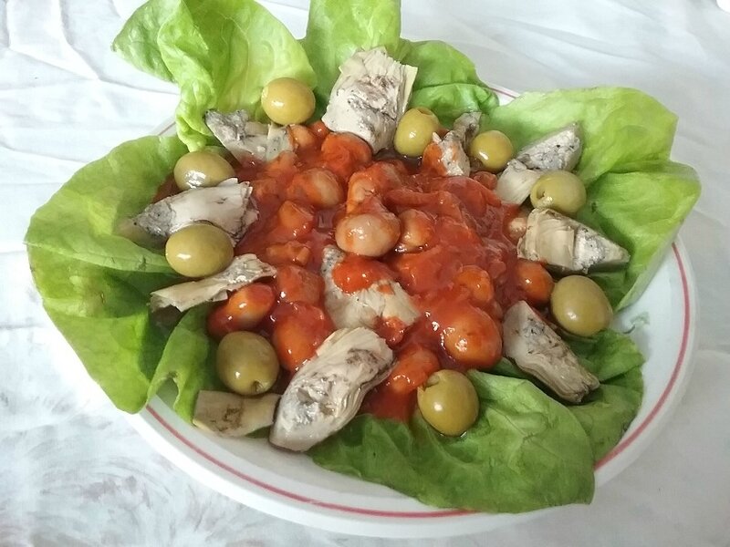 Salade de champignons à la greecque et coeurs d'artichauts fumés