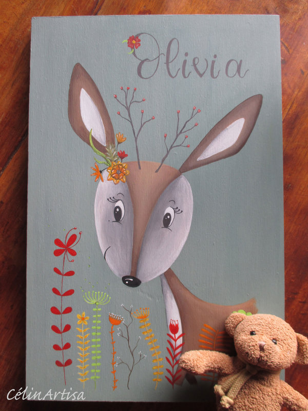 "Biche & fleurs (Olivia)" -acrylique sur bois