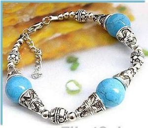 Rose Bracelet Ethnique Capa 3 Perles Turquoise 12 mm Argent du Tibet