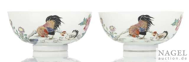 A very rare pair of Imperial famille rose 'chicken bowls', China, underglaze blue Yongzheng six-character marks and period