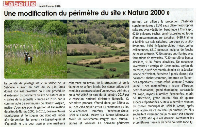 article du 8 février 2018 - nouveau périmètre Natura 2000 de la vallée de la Saônelle