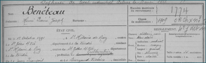 BENETEAU Henri Joseph - Fiche Matricule