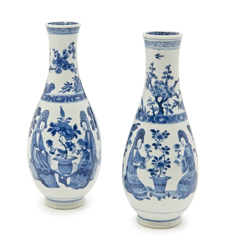 A pair of blue and white 'European ladies' vases, Kangxi period (1662-1722)