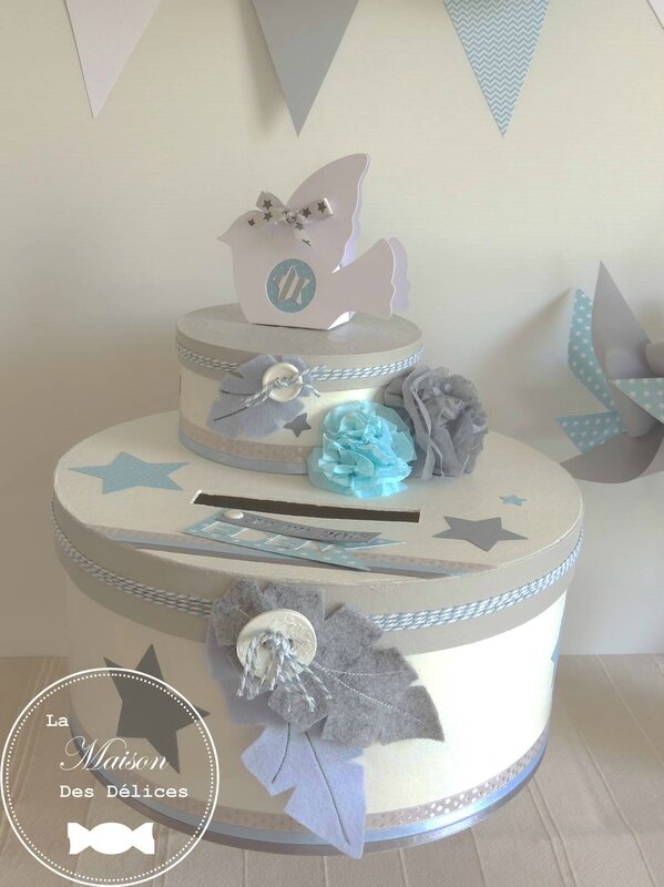 urne bapteme baby shower thme oiseau etoile gris bleu pastel blanc