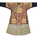 A very rare Imperial <b>chestnut</b> <b>embroidered</b> <b>gauze</b> Dragon robe, mangpao, Qianlong period (1736-1795)