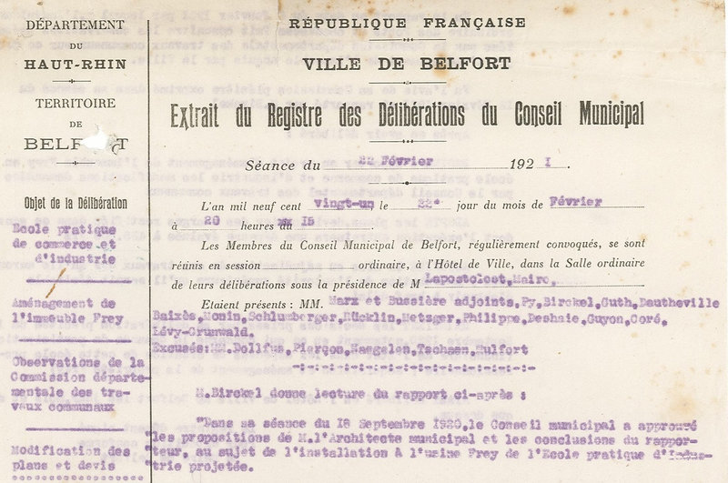 1921 02 22 Délibération CM Ecole pratique Aménagement bâtiment Frey p1R