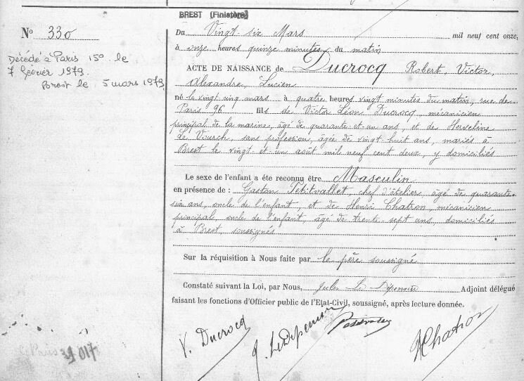 1911 acte de naissance à brest de Robert Ducrocq