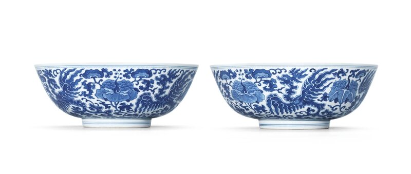 A fine pair of blue and white 'phoenix' bowls, Daoguang six-character seal marks in underglaze blue and of the period