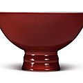 A <b>copper</b>-<b>red</b>-<b>glazed</b> stembowl, Yongzheng seal mark and period (1723-1735)