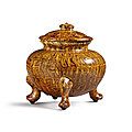 A rare amber-glazed marbled pottery <b>tripod</b> <b>jar</b> <b>and</b> <b>cover</b>, Tang dynasty 618-907)